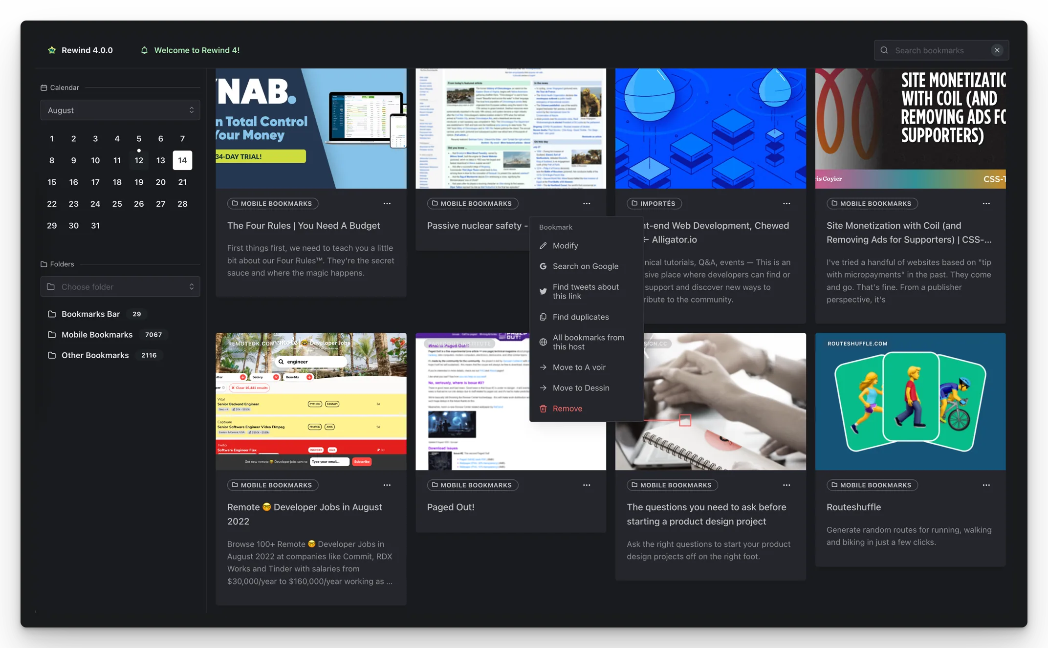 Rewind Chrome bookmark manager showing bookmarks organized by date with thumbnails