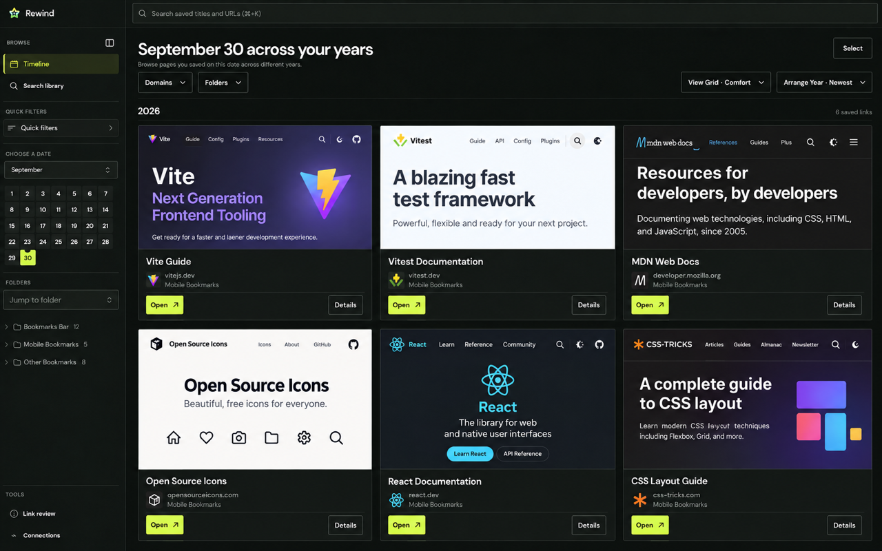 Rewind Chrome bookmark manager showing bookmarks organized by date with thumbnails